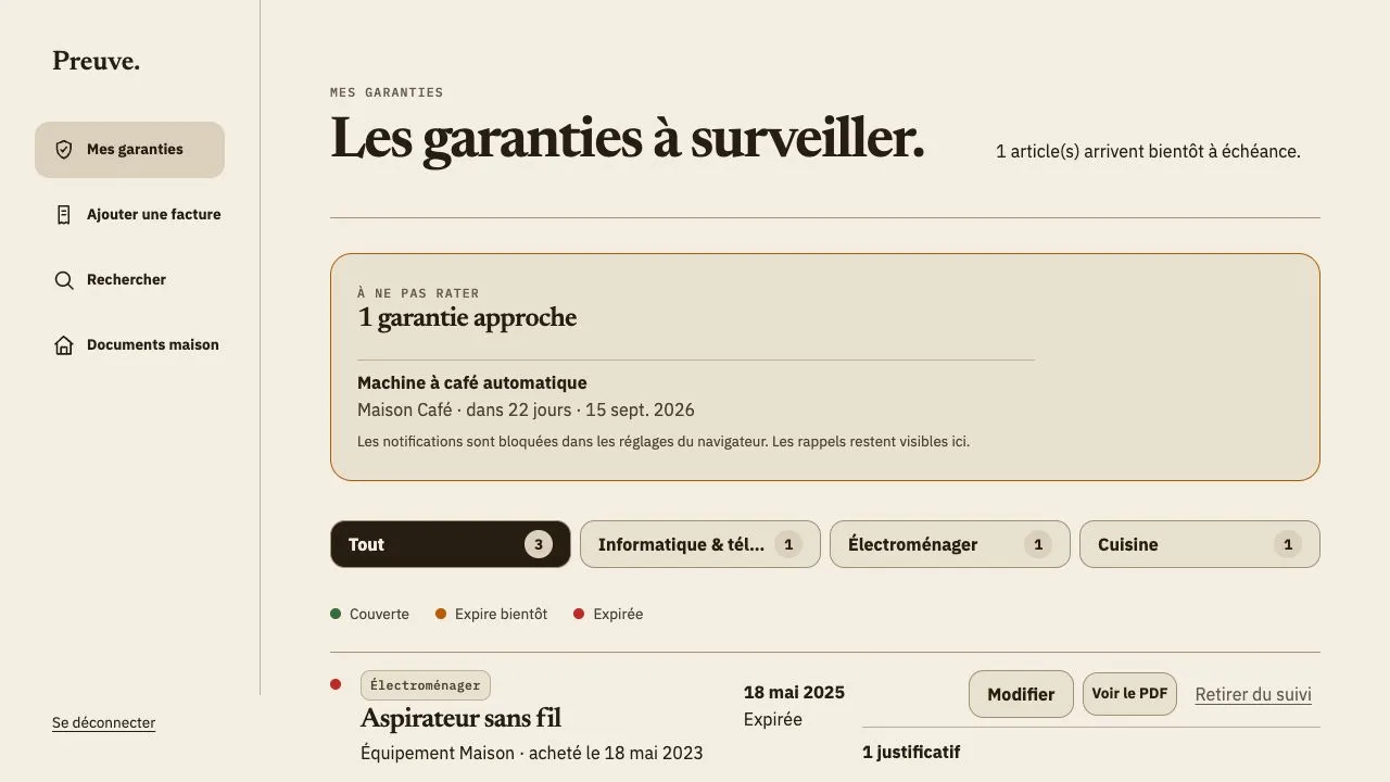 Interface Preuve affichant des garanties fictives actives, proches de l'échéance et expirées